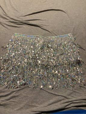 Source Unknown Iridescent Sequin Fringe Crop Top - Silver & Multicolor